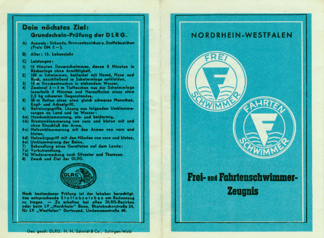 Das Frei- und Fahrtenschwimmer-Zeugnis aus den 1950er Jahren. Mit freundlicher Genehmigung von Prof. Hans-Peter Fries.